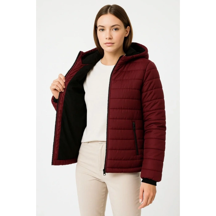 Kadın Şişme Kapüşonlu Fermuarlı Mont Su itici Kapitone Astarlı Kumaş Cepli Kışlık Rahat Kalıp - Bordo