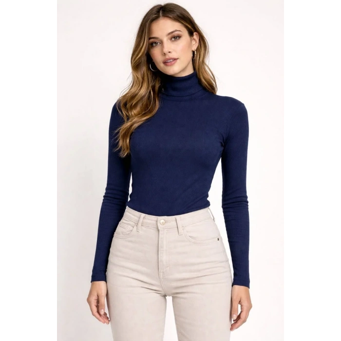 Kadın Tam Boğazlı Fitilli Likrali Kaşkorse Badi İnce Uzun Kollu Kazak - Lacivert