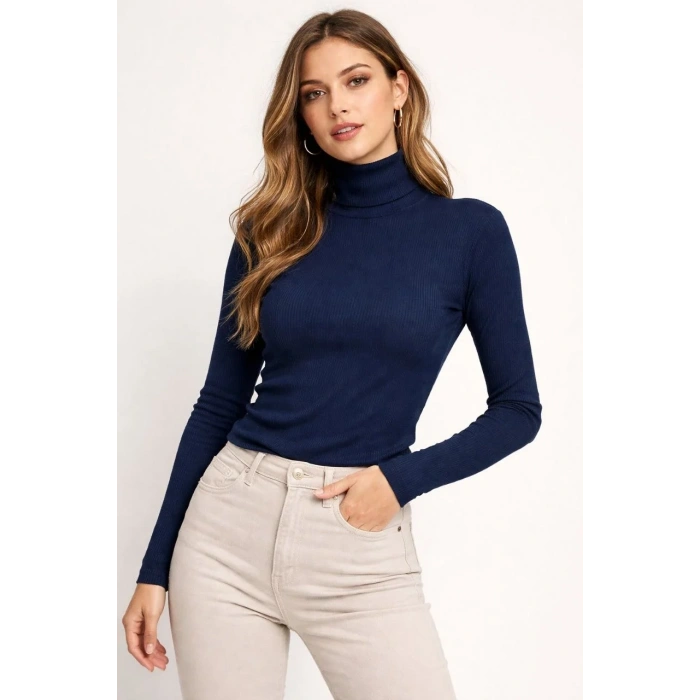 Kadın Tam Boğazlı Fitilli Likrali Kaşkorse Badi İnce Uzun Kollu Kazak - Lacivert