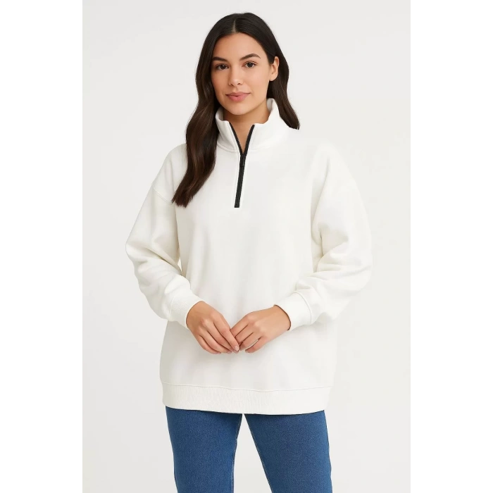 Kadın Üç İplik Dık Yaka Yarım Fermuarlı SweatShirt - Beyaz