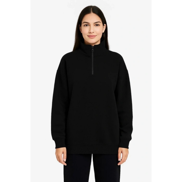 Kadın Üç İplik Dık Yaka Yarım Fermuarlı SweatShirt - Siyah