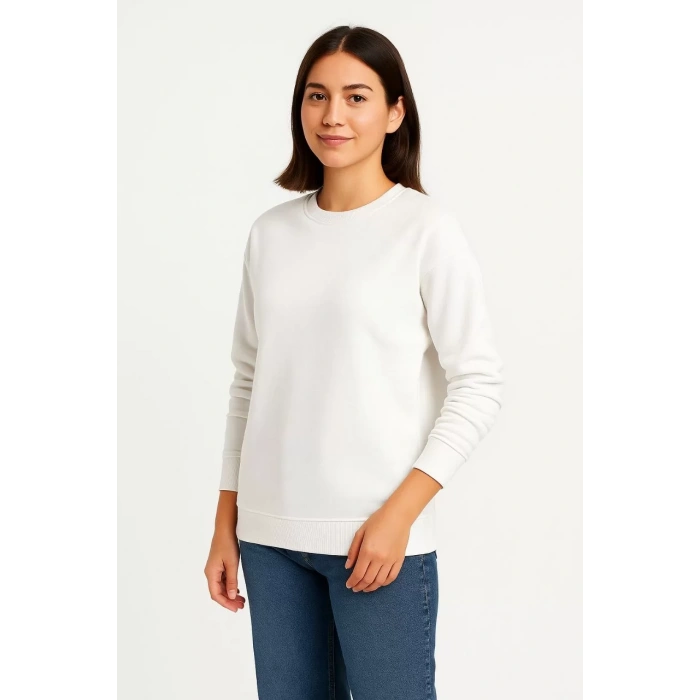 Kadın Üç İplik Düz Bisiklet Yaka SweatShirt - Beyaz