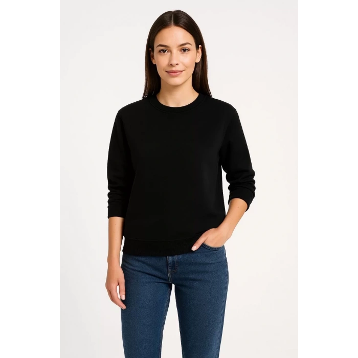 Kadın Üç İplik Düz Bisiklet Yaka SweatShirt - Siyah