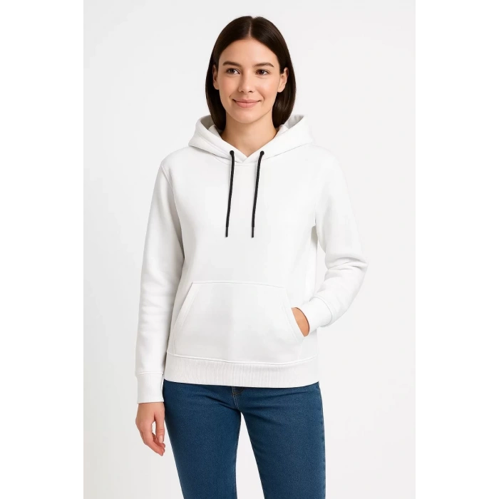 Kadın Üç İplik Kapüşonlu Kanguru Çepli SweatShirt hoodie - Beyaz
