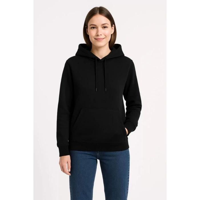 Kadın Üç İplik Kapüşonlu Kanguru Cepli Sweatshirt hoodie - Siyah
