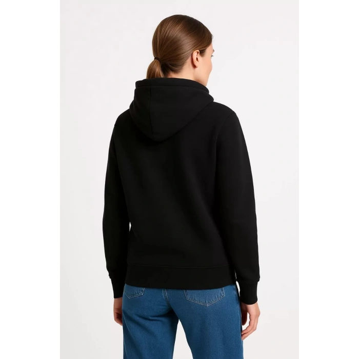 Kadın Üç İplik Kapüşonlu Kanguru Cepli Sweatshirt hoodie - Siyah