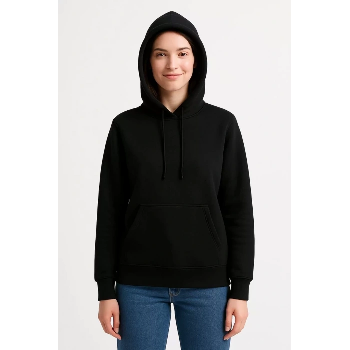 Kadın Üç İplik Kapüşonlu Kanguru Cepli Sweatshirt hoodie - Siyah