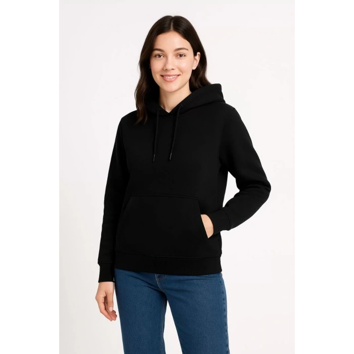 Kadın Üç İplik Kapüşonlu Kanguru Cepli Sweatshirt hoodie - Siyah