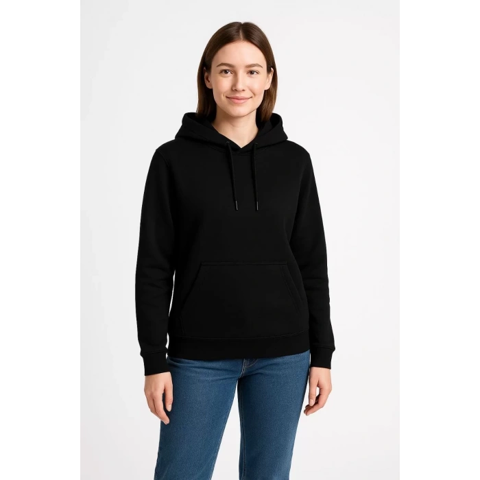 Kadın Üç İplik Kapüşonlu Kanguru Cepli Sweatshirt hoodie - Siyah