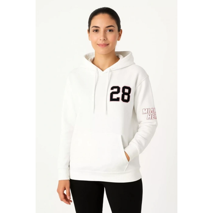Kadın Üç İplik Kapüşonlu Ön ve Arka Baskılı SweatShirt hoodie - Beyaz