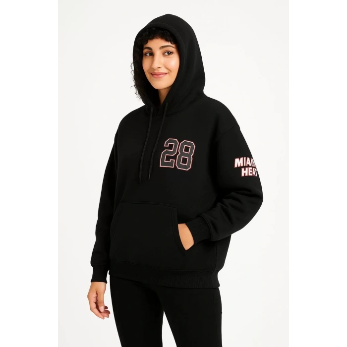 Kadın Üç İplik Kapüşonlu Ön ve Arka Baskılı SweatShirt hoodie - Siyah
