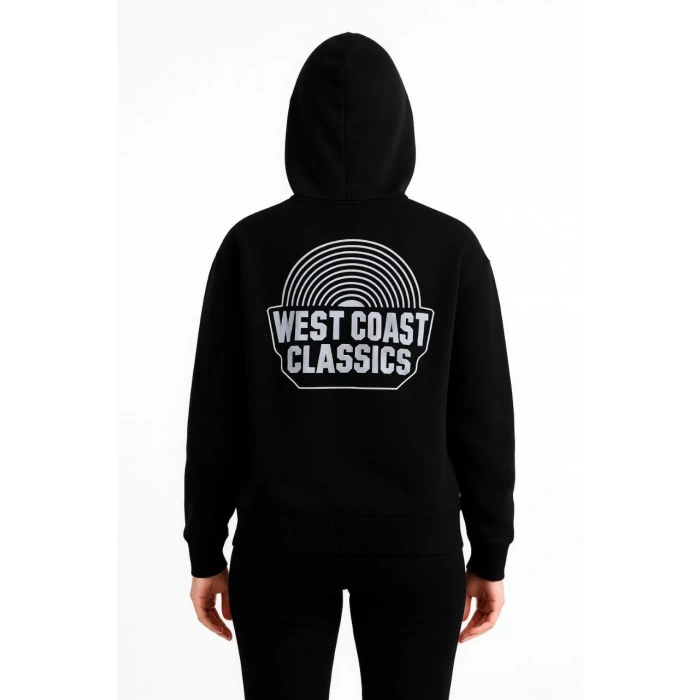Kadın Kapşonlu Sweatshirt – Oversize Üç İplik Şardonlu Hoodie, “West Coast Classics” Ön & Arka Baskılı, Kanguru Cepli Kışlık Günlük Stil - Siyah