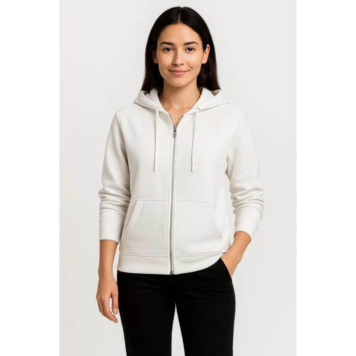 Kadın Üç İplik Kapüşonlu Tam Fermuarlı Kanguru Çepli SweatShirt Hoodie - Beyaz