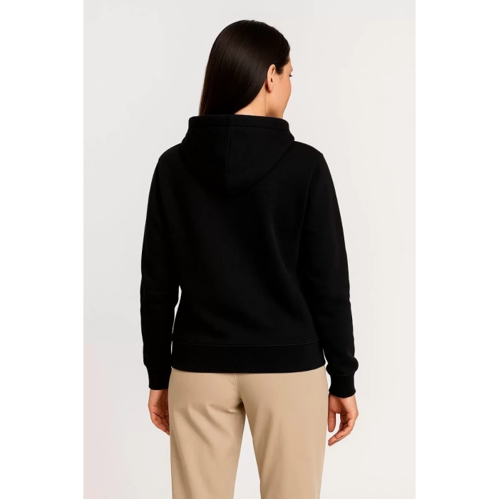 Kadın Üç İplik Kapüşonlu Tam Fermuarlı Kanguru Çepli SweatShirt Hoodie - Siyah