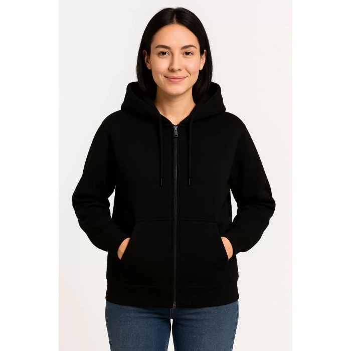 Kadın Üç İplik Kapüşonlu Tam Fermuarlı Kanguru Çepli SweatShirt Hoodie - Siyah