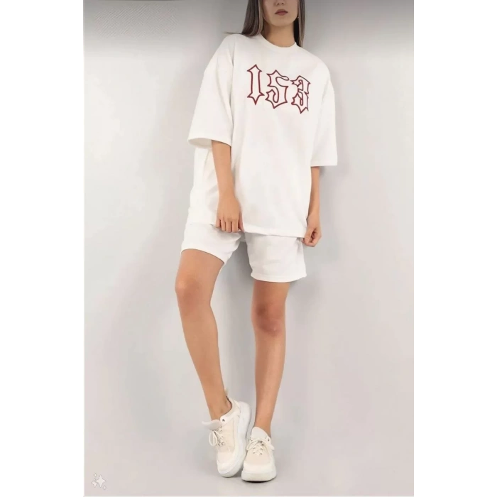 Kadın Unisex Nakış İşlemeli Şort Takım - Beyaz