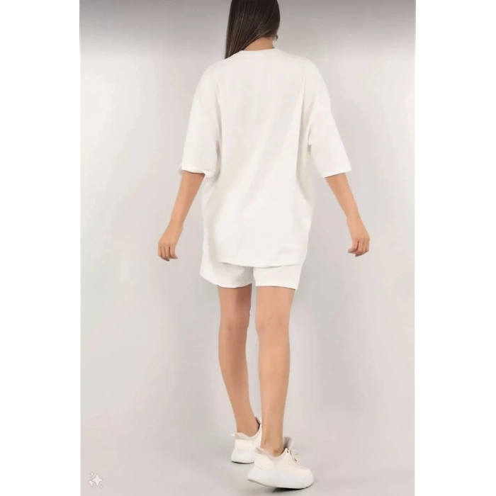 Kadın Unisex Nakış İşlemeli Şort Takım - Beyaz