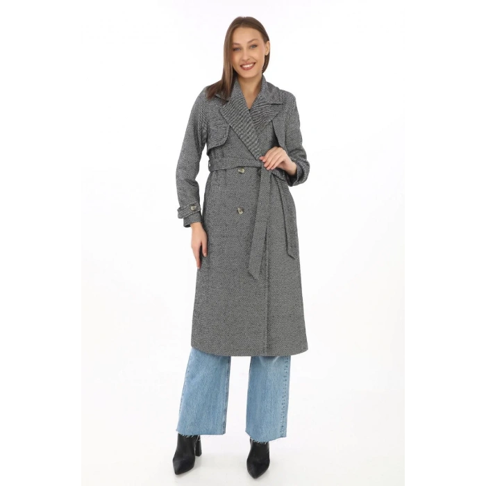 Kadın Uzun Kaşe Kaban – Balık Sırtı Dokuma Kaşmir Kumaş, Kruvaze Yaka, Kuşaklı Cepli Model, Oversize Rahat Kalıp - Boyalı Gri