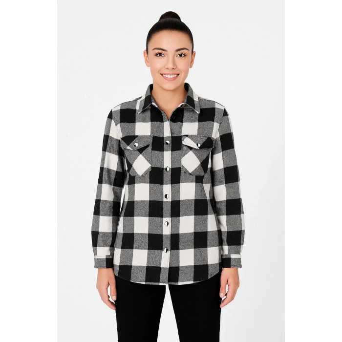Kadın Oduncu Gömlek – Uzun Kollu, Şardonlu Kumaş, Kırmızı Beyaz Kareli Desen, Regular Fit, Çift Cepli, Manşetli Günlük Şık Stil - Siyah