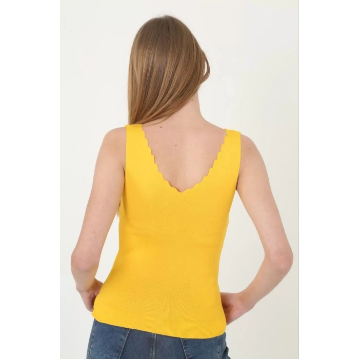 Kadın V Yaka Fırfır Detay Crop - Sarı