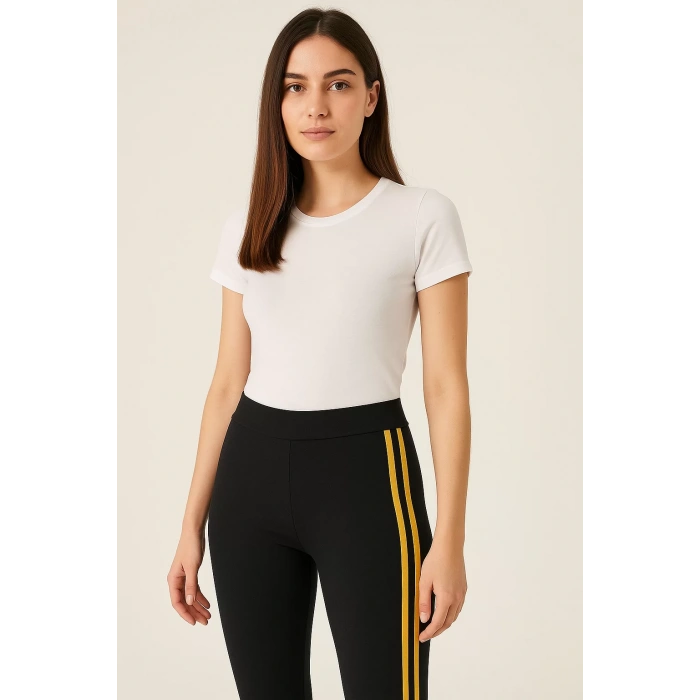 Kadın Yanı Sarı Şeritli Her Gardıropta Olması Gereken Tayt - Siyah