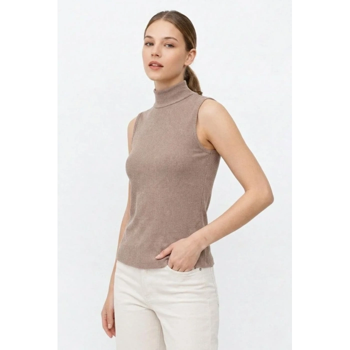 Kadın Yarım Balıkçı Yaka Fitilli Kaşkorse Atlet Basic Şık Bluz Badi - Bej