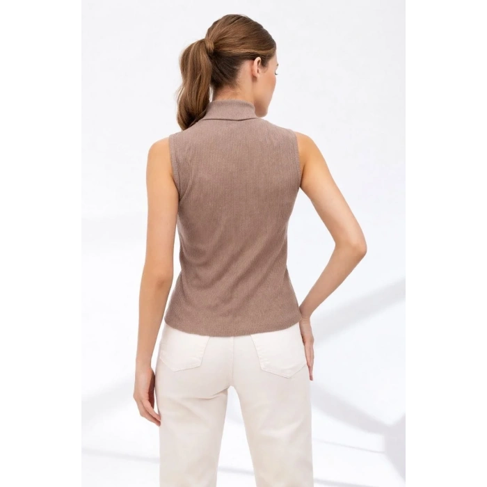 Kadın Yarım Balıkçı Yaka Fitilli Kaşkorse Atlet Basic Şık Bluz Badi - Bej