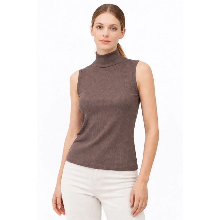 Kadın Yarım Balıkçı Yaka Fitilli Kaşkorse Atlet Basic Şık Bluz Badi - Kahverengi