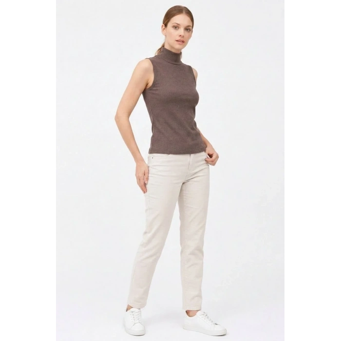 Kadın Yarım Balıkçı Yaka Fitilli Kaşkorse Atlet Basic Şık Bluz Badi - Kahverengi