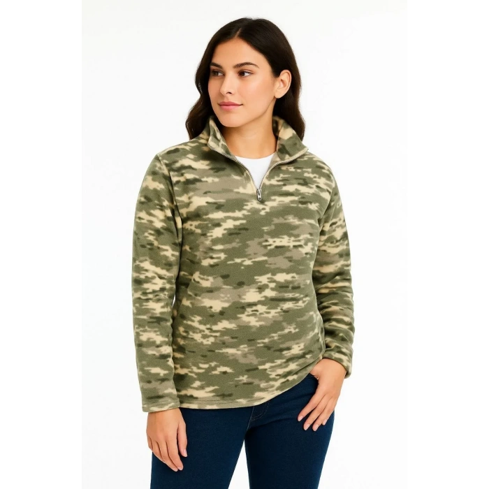 Kadın Yarım Fermuarlı Desenli Polar Sweat – Haki Kamuflaj Yakalı, Uzun Kollu, Oversize Rahat Kalıp - Haki