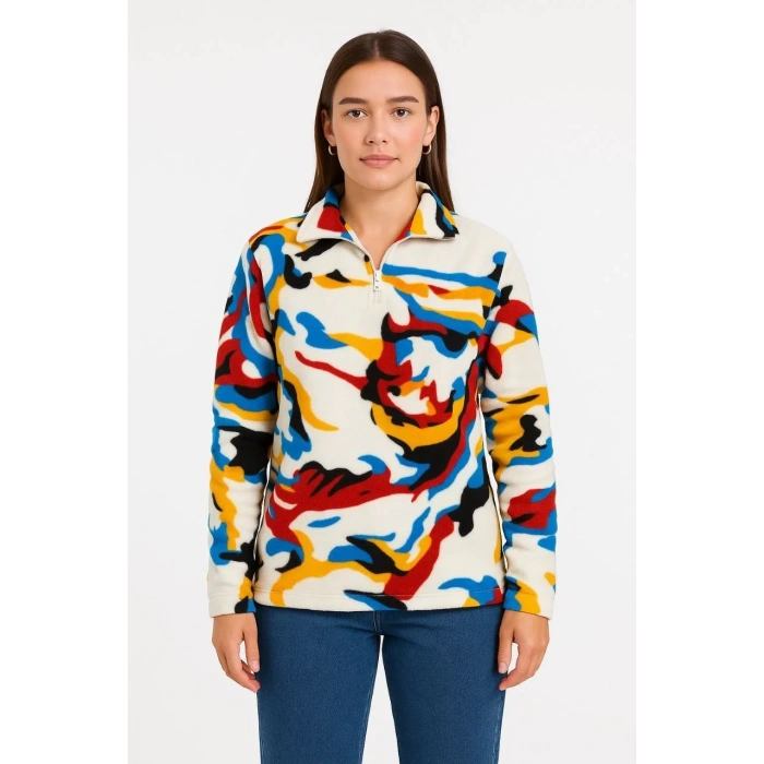 Kadın Yarım Fermuarlı Desenli Polar Sweat – Renkli Abstract Desen Yakalı, Uzun Kollu, Oversize Rahat Kalıp - Beyaz