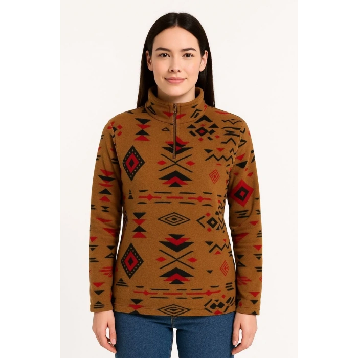 Kadın Yarım Fermuarlı Desenli Polar Sweat Tribal Etnik Desen Yakalı, Uzun Kollu, Oversize Rahat Kalıp - Kahverengi