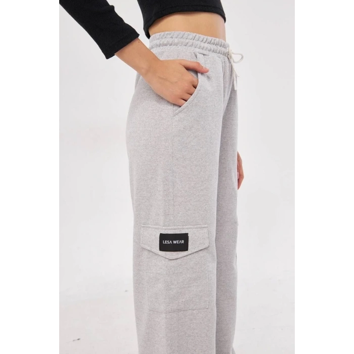 Kadın Yüksek Bel Kargo Cepli Palazzo Pantolon Oversize Bol Paça İki İplik Rahat Kesim - Gri