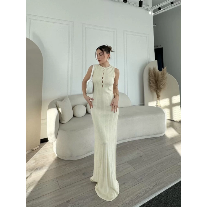 Kalın Fitilli Uzun Triko Elbise - Kırık Beyaz