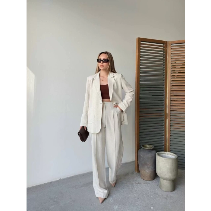 Keten Ceket Pantolon İlik Düğmeli Uzun Kollu Yırtmaçlı ikili Takım - Beyaz