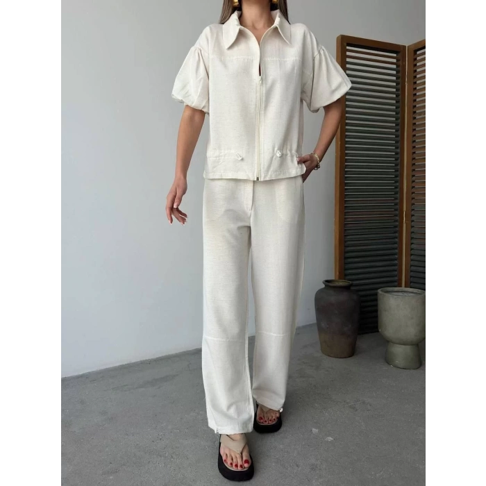 Keten Tam Fermuarlı Kısa kollu Gömlek Pantolon ikili Takım - Beyaz