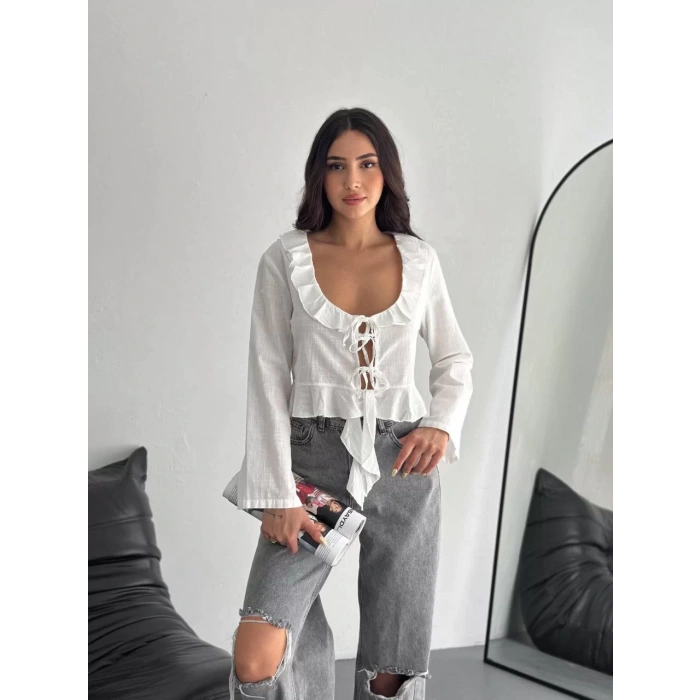 Keten Uzun Kol Bağacık Detaylı Bluz - Beyaz