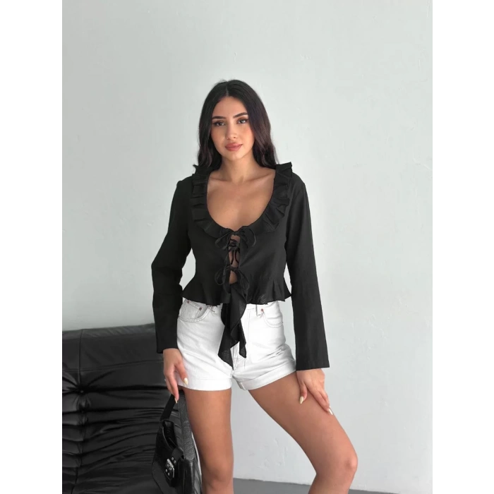 Keten Uzun Kol Bağacık Detaylı Bluz - Siyah