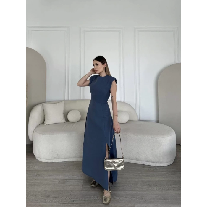 Keten Yandan Yırtmaçlı Uzun Elbise Sıfır Kol Elbise - Mavi