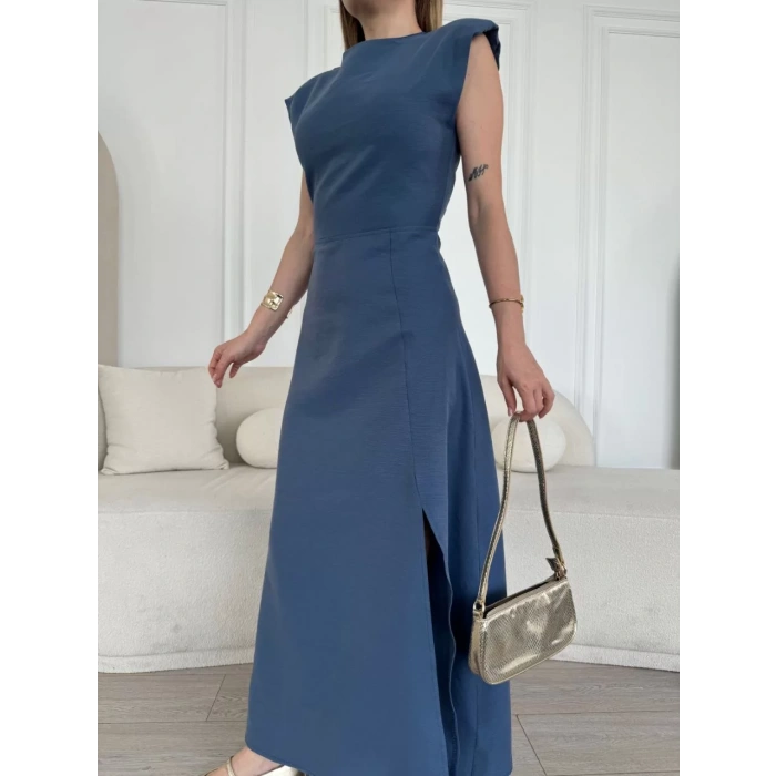 Keten Yandan Yırtmaçlı Uzun Elbise Sıfır Kol Elbise - Mavi