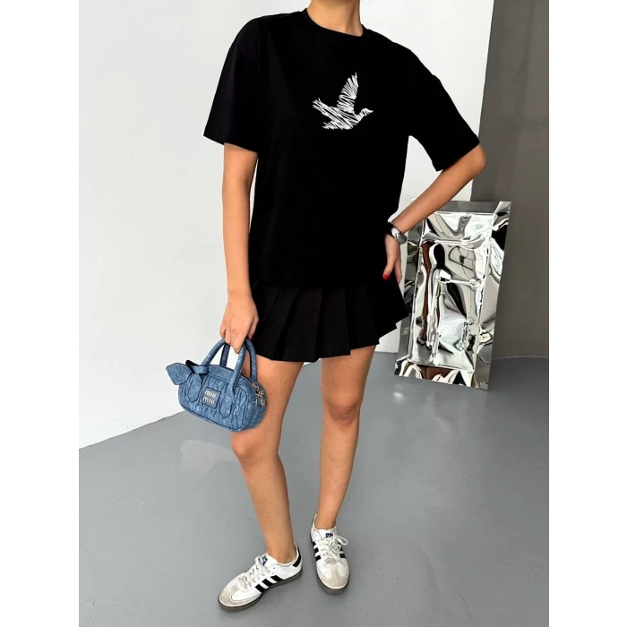 Kısa Kol Baskılı T-shirt - Siyah