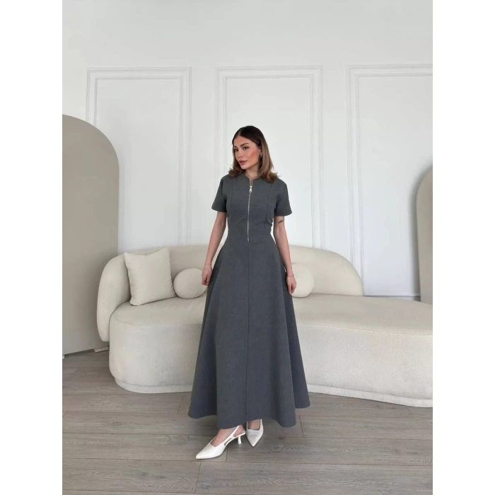 Kısa Kollu Önden Fermuarlı Çan Etekli Uzun Elbise - Antrasit