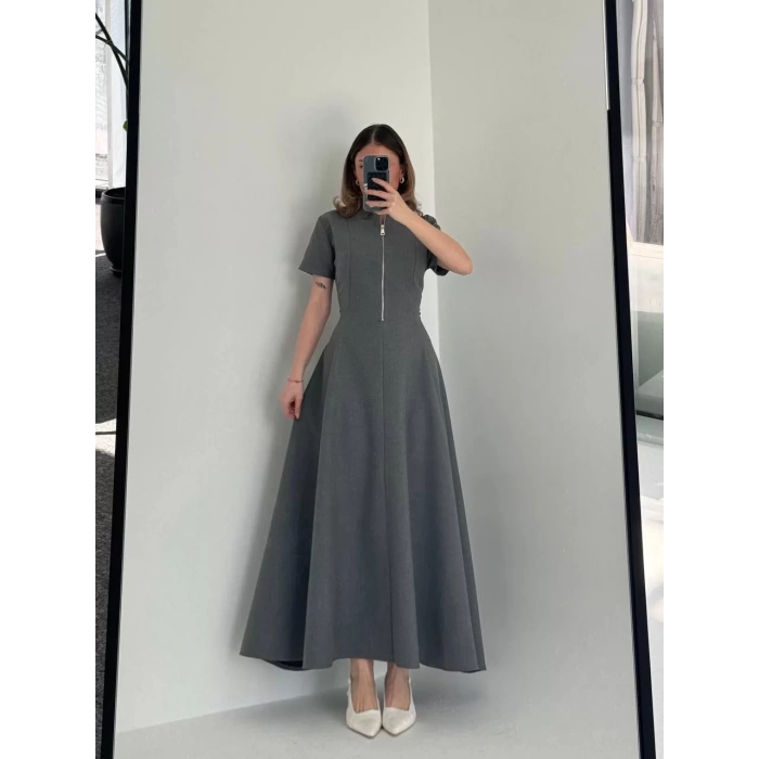 Kısa Kollu Önden Fermuarlı Çan Etekli Uzun Elbise - Antrasit