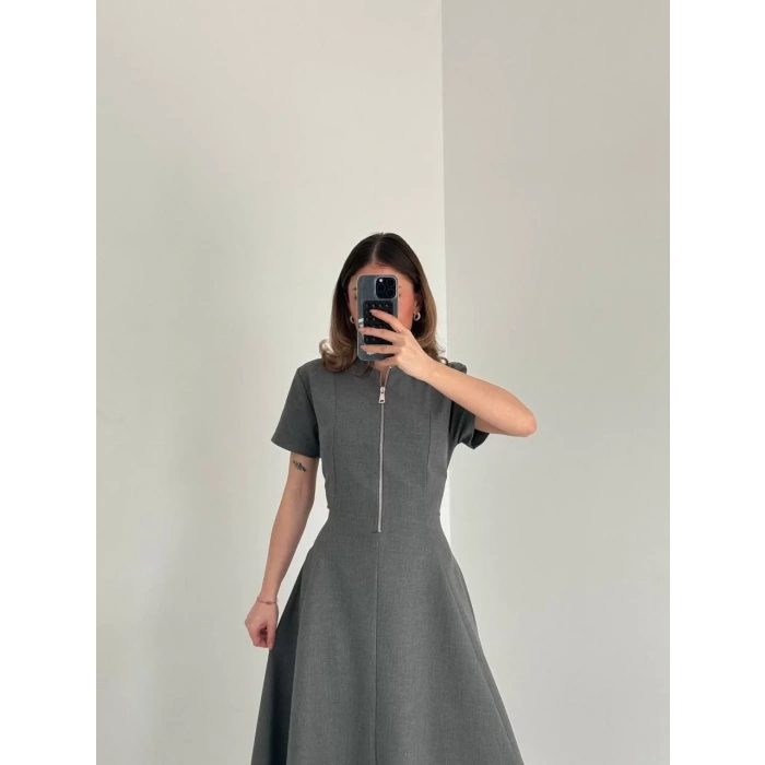 Kısa Kollu Önden Fermuarlı Çan Etekli Uzun Elbise - Antrasit