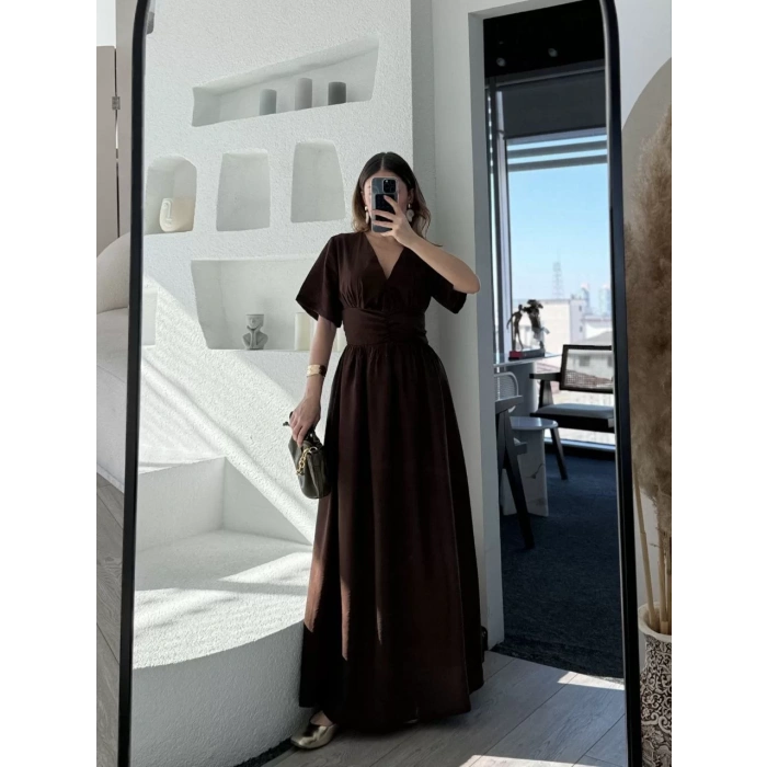 Kısa Kollu Uzun Elbise - Kahve