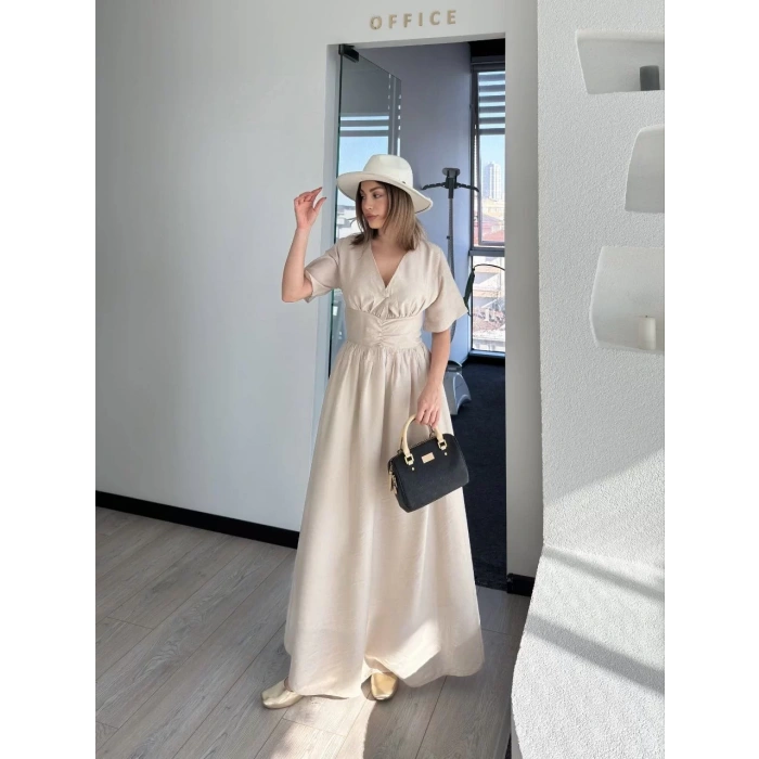 Kısa Kollu Uzun Elbise - Kırık Beyaz