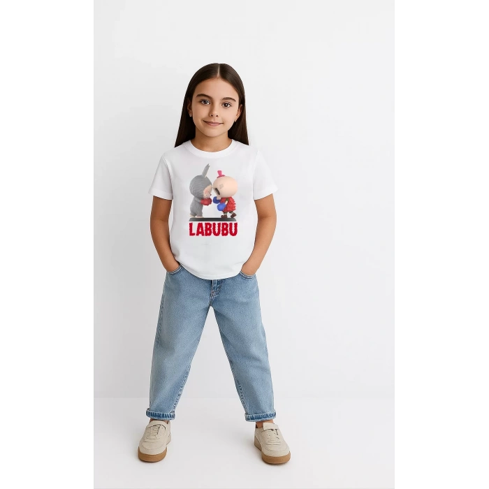 Kız Labubu Çocuk Baskılı T-Shirt - Beyaz