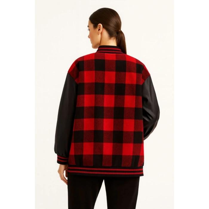 Kadın Kolej Ceket – Kareli Oduncu Kumaş, Kolları Suni Deri, Fermuarlı, İçi Kapitone Astarlı, Nakışlı Oversize Bahar & Kış Stil - Bordo