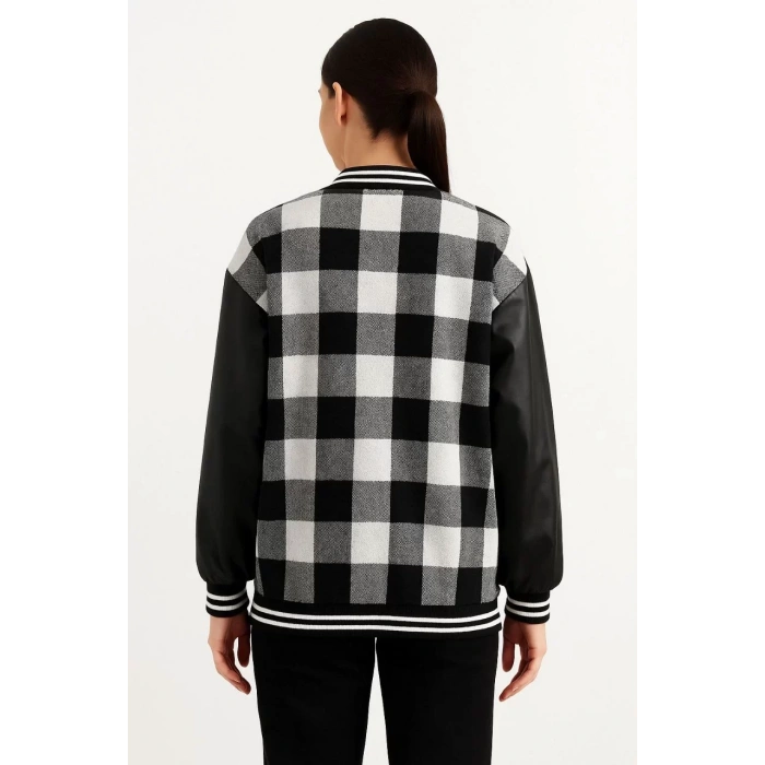 Kadın Kolej Ceket – Kareli Oduncu Kumaş, Kolları Suni Deri, Fermuarlı, İçi Kapitone Astarlı, Nakışlı Oversize Bahar & Kış Stil - Gri