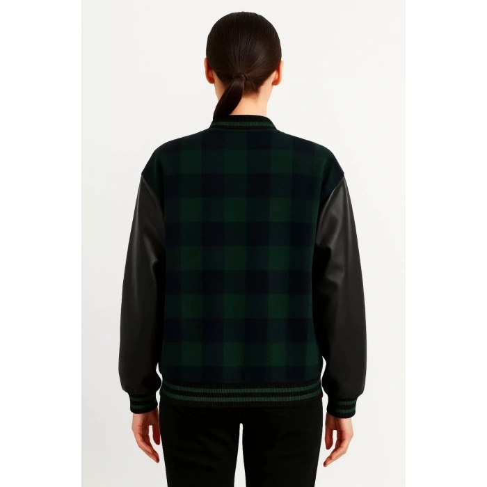 Kadın Kolej Ceket – Kareli Oduncu Kumaş, Kolları Suni Deri, Fermuarlı, İçi Kapitone Astarlı, Nakışlı Oversize Bahar & Kış Stil - Haki